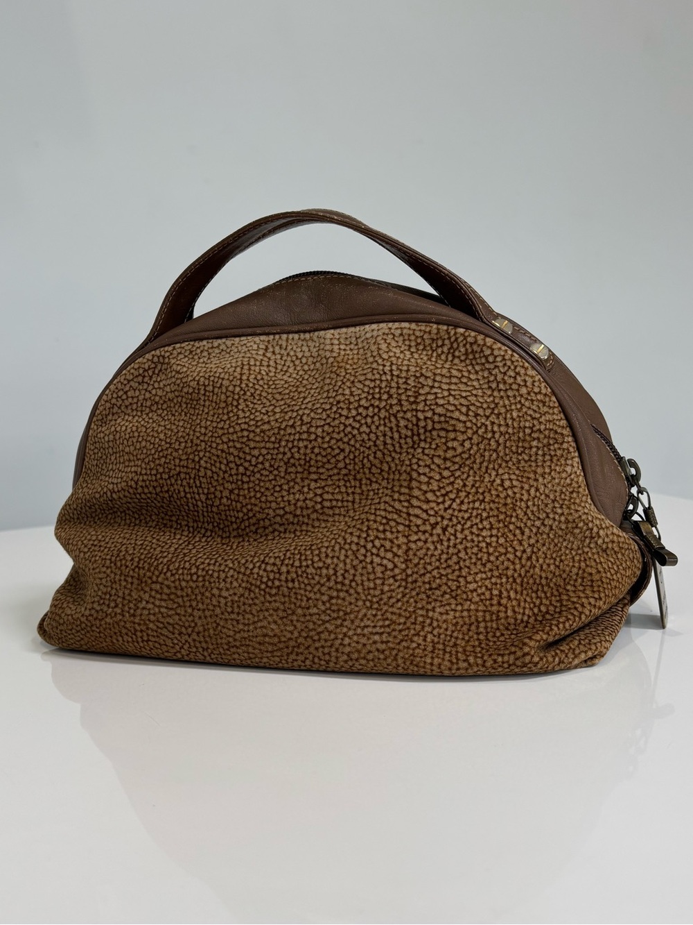 Borbonese by Redwall Textured Canvas & Leather Top Handle Bag Brown Italy